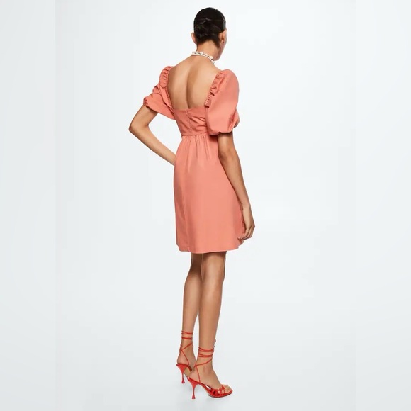 NWT Mango Miri Puffed Sleeve Mini Dress - Coral Pink 100% Cotton - Size XS - Picture 6 of 16
